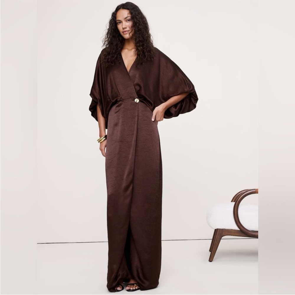 NWT! Banana Republic Espresso Brown Hammered Satin Wrap Maxi Dress - Size 12